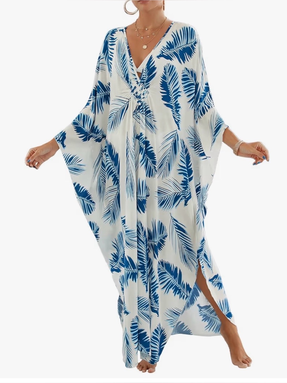 Blue Palm Leaf V-Neck Kaftan